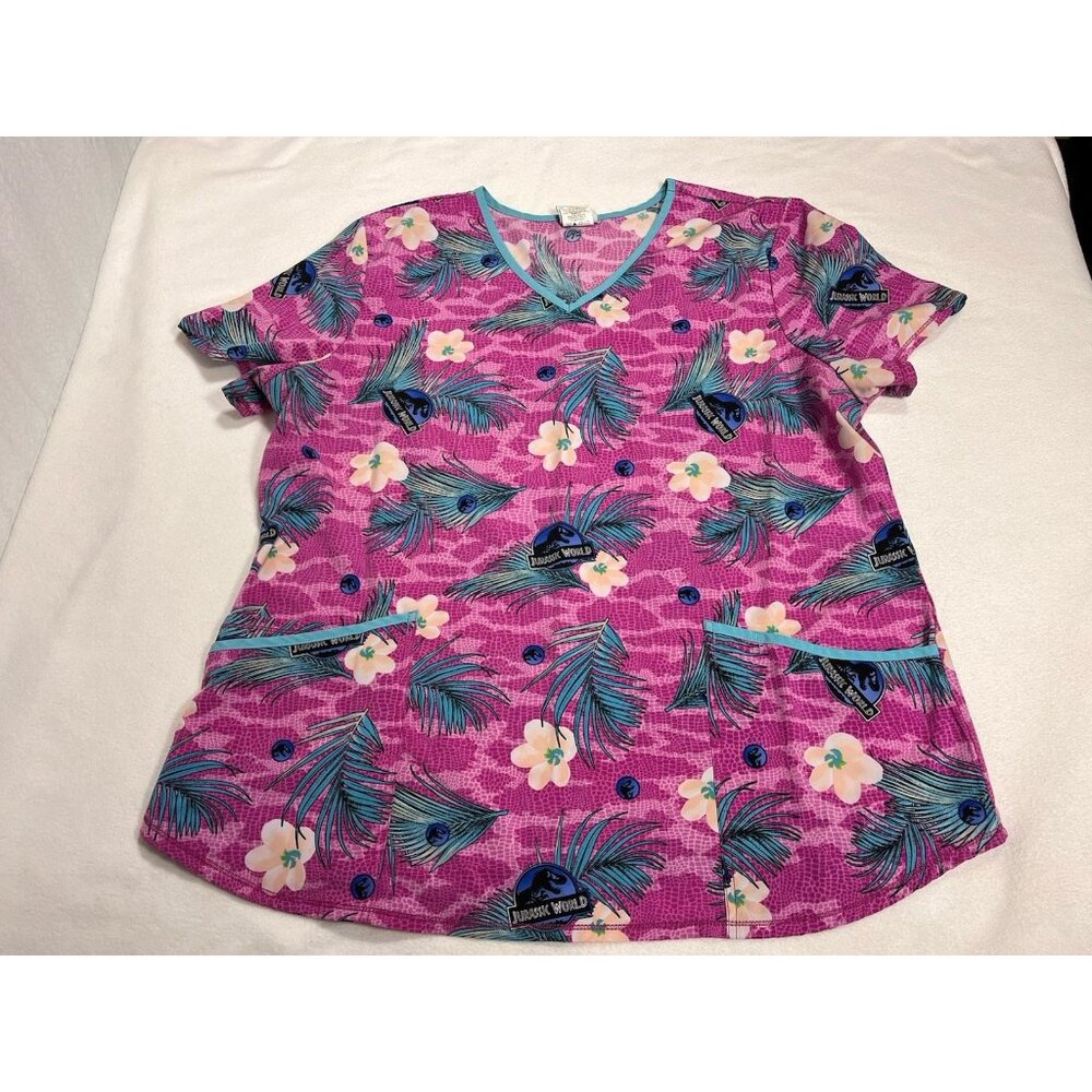 Jurassic World Nurse Scrub Top Men’s XL Tropical Palm Print Medical - Picture 5 of 14